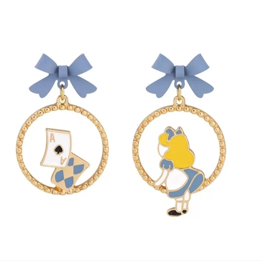 Alice in Wonderland Drop Earrings Whimsical Blue Bow Dangles